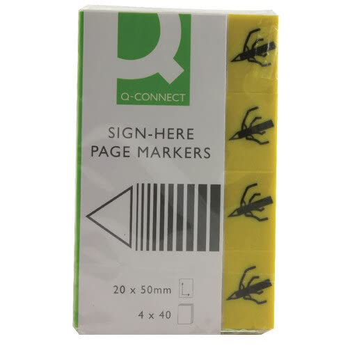 Filing Index Tabs Q-CONNECT Paper Sign-here 20x45mm,4x40 Sheets Yellow/Paper and Labels/Type-Standard/Shape-Standard/Material-Paper/Colour-Yellow/Dimensions (mm)-20x45