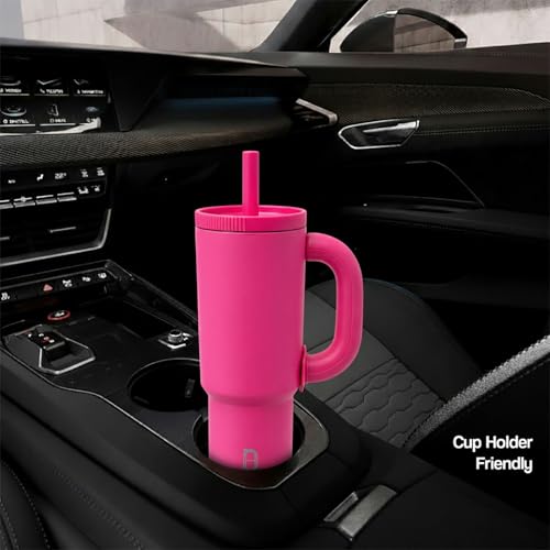 Image of House of Quirk 1200ml Stainless Steel Tumbler with Handle, Straw & Straw Cap | Leakproof Water Bottle | Large Capacity Travel Mug (Fuchsia Pink)