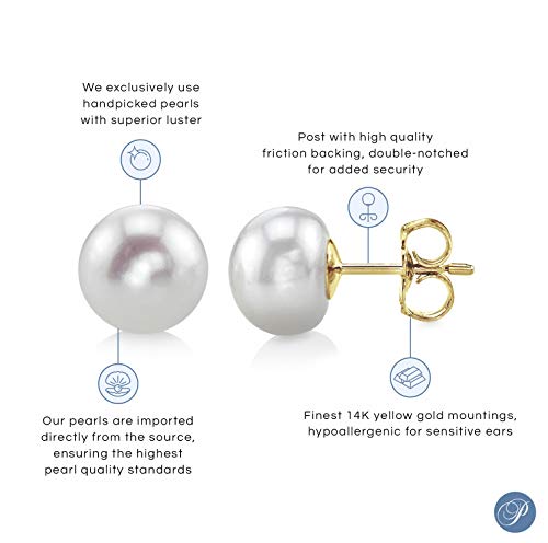 THE PEARL SOURCE 14K Gold 8-9mm Button White Freshwater Cultured Pearl Stud Earrings for Women