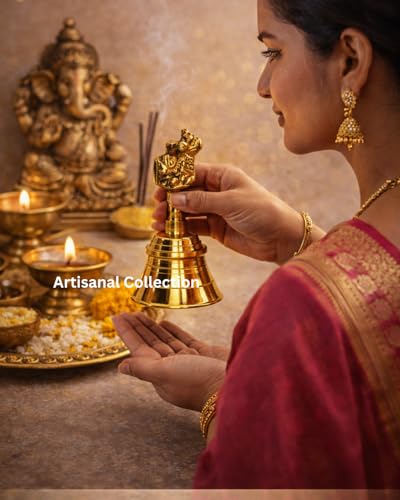 Image of 5- Inch Brass Bell for Pooja Room with Nandi Motif - Handcrafted Solid Brass Ghanti for Pooja, Aarti & Meditation - Premium Spiritual Temple Bell - Durable, Polished Finish