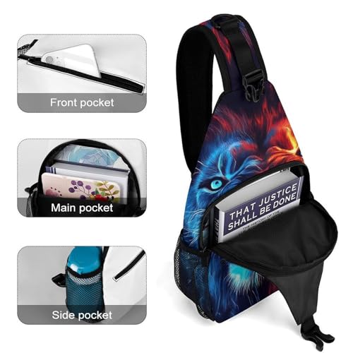 Men's Fashion Chest Bag, Travel Shoulder Pack, Small Cross Body Sling Bag Cool Lion Blue Red Fire Art4