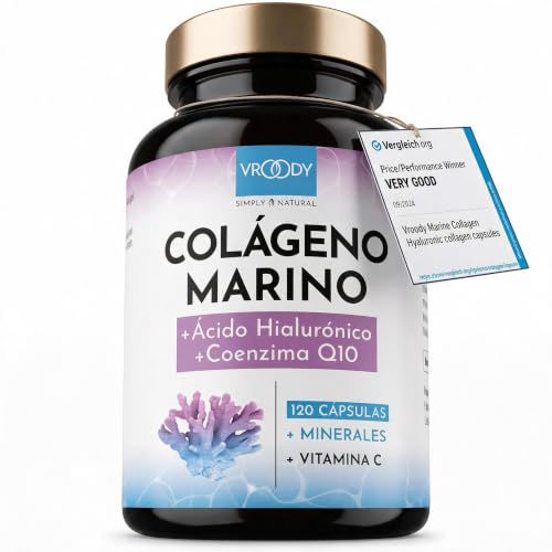 VROODY Colágeno Marino Hidrolizado 1000mg | Con Ácido Hialurónico, Coenzima Q10, Biotina y Vitamina C | 120 Cápsulas | Fórmula Premium Fabricada en Austria