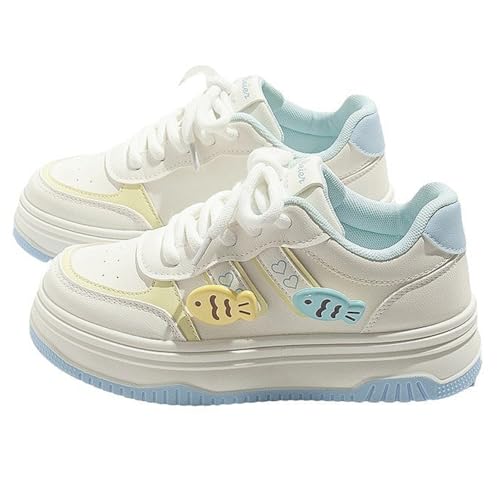 Y2K Chunky Platform Sneakers with Fish Charm for Women Preppy White Sport Walking Skate Shoes Lace Up for Students