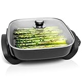 Moss & Stone Square Nonstick Electric Skillet With Lid, Aluminum 12x12 Inch Electric Frying Pan 5Qt, Nonstick Cooking Surface, Adjustable Temperature Control, Vented Glass Lid, Heat-Resistant Handle