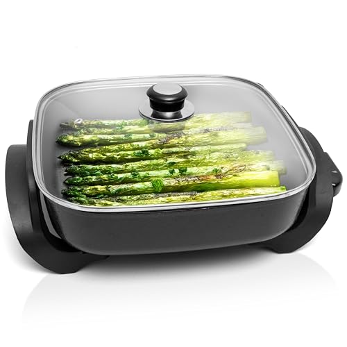 Moss & Stone Square Nonstick Electric Skillet With Lid, Aluminum 12x12 Inch Electric Frying Pan 5Qt, Nonstick Cooking Surface, Adjustable Temperature Control, Vented Glass Lid, Heat-Resistant Handle