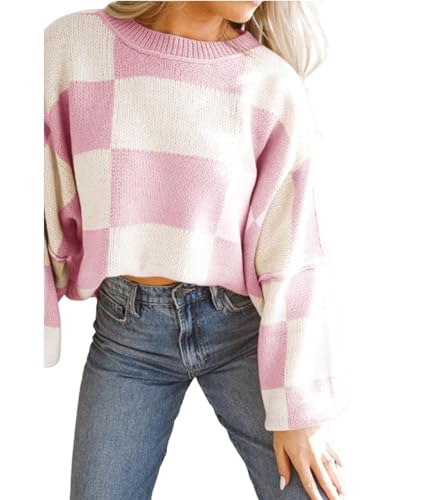 Image of Women's Casual Crew-Neck Long Sleeve Sweater Checkered Pullover Knit Sweaters Jumper Top