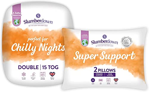 Slumberdown Chilly Nights Double Duvet - 15 Tog Extra Warm & Thick Heavyweight Quilt Ideal for Cold Winter Nights, 2 Super Support Pillows - Cosy & Soft Touch Cover, Machine Washable (200cm x 200cm)