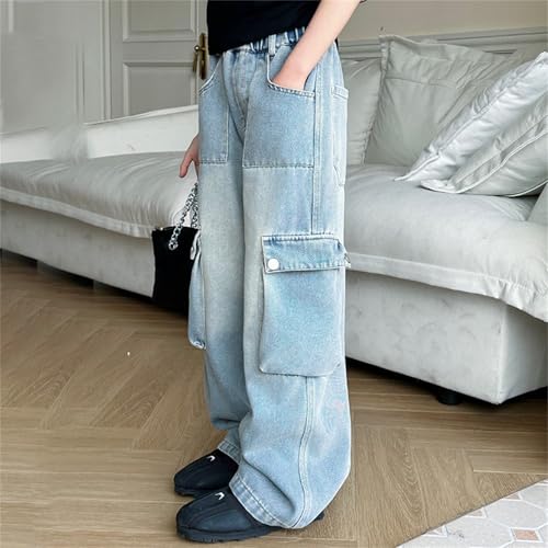 Girls Straight Wide Leg Bootcut Jeans Baggy High Elastic Waist Denim Pants Casual Y2k Streetwear3