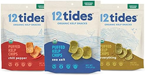 12 Tides Organic Puffed Kelp Chips - Plant Based Seaweed Chips, Non GMO, Gluten Free, No Added Sugar, Sea Vegetable Chips, Variety, 3 count