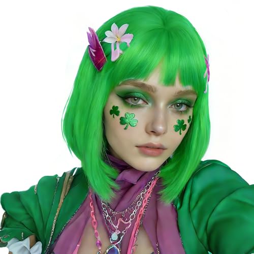 Image of Rose bud Grass Green Wig Bob Straight 12 Inch Short Hair Cosplay Wigs for Women Costume Party Halloween