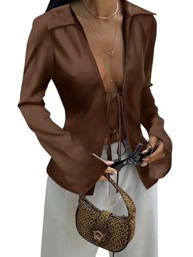 Cicy Bell Womens Sexy Tie Front Shirts Deep V Neck Silk Club Tops Long Sleeve Y2k Going Out Blouse Coffee
