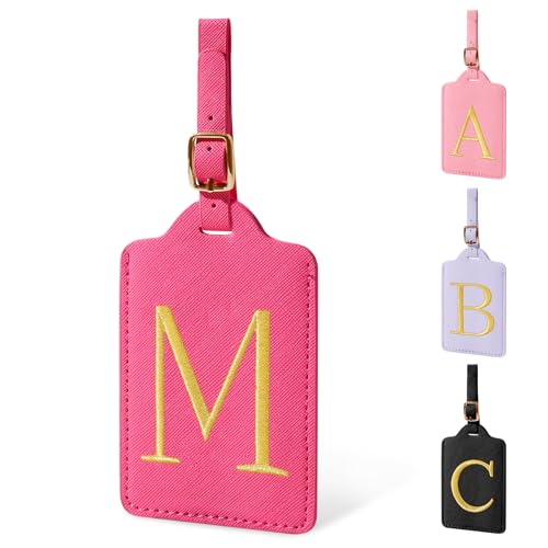 Personalized Initial Luggage Tags for Suitcase, Rose Red Leather Cute Luggage Tags with Privacy Cover Name Card, Embroidered Custom Monogram Luggage Tags Travel Backpack Tag Gifts for Women Kids(M)