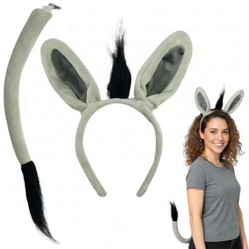 CBMZHF Juego de 2 piezas de diadema y cola de orejas de burro, disfraz de animal de burro, accesorios de disfraz de animal para Halloween, carnaval, fiesta temática de cosplay