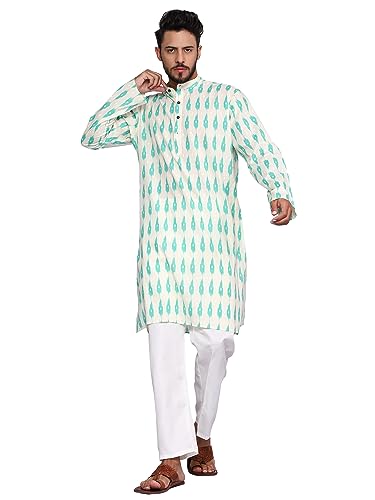 TOSQP27 Mens Pure Cotton Kurta Pajama Set Gift Printed Knee-Length Casual Wear Ethnic Long Sleeve Top for Wedding Festival2