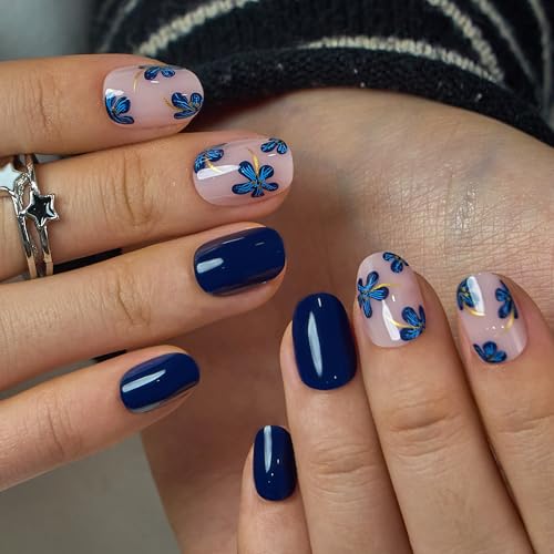 Image of CurvLife Soft Gel Press On Nails Extra Short Square, Long-Lasting Reusable Oval Fake Nails Kit with Glue & Tabs, 30pcs Salon-Quality Stick On Nails for Women At-Home Manicure (Navy Petal)