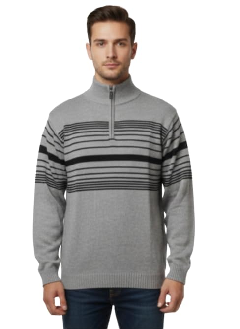 Men's Grey Striped Half Zip Sweater with High Neck, Long Sleeve Knit Pullover-picture-45