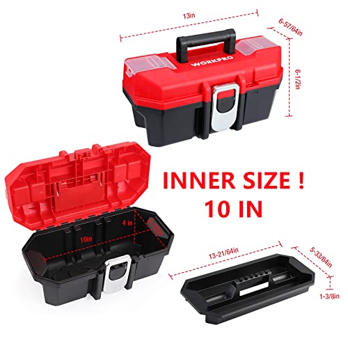 Workpro Tool Box Portable 13" With Removable Tray Heavy Duty Toolbox With Metal Latch, Rated Up To 33 Lbs, Pp Plastic Small Tool Boxes With Small Parts Organizer In Lid, Black & Red #TOP1