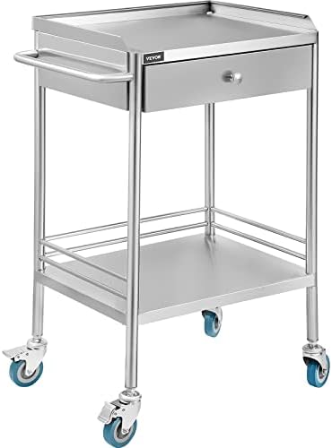 VEVOR Shelf Stainless Steel Utility Cart Catering Cart with Wheels Medical Dental Lab Cart Rolling Cart Commercial Wheel Dolly Restaurant Dinging Utility Services (2 Shelves/ 1 Drawer)