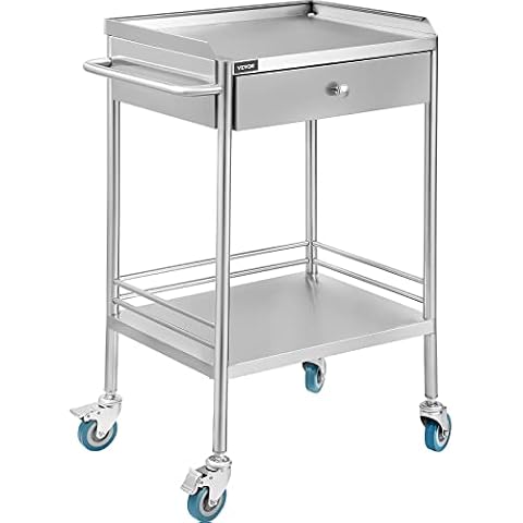 VEVOR Carrito Médico con 2 Capas y 1 Cajón de 53,1 x 41,9 x 77,2 cm, Carrito de Laboratorio Acero Inoxidable de Plata, Carrito de Metal con 4 Ruedas Omnidireccional para Cafeterías y Hoteles Cover