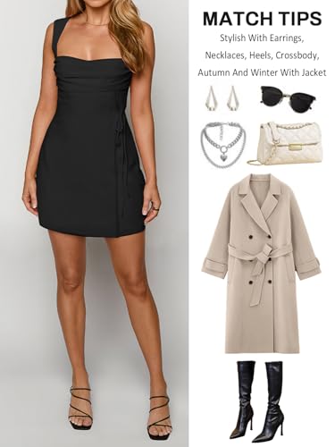 Image of Women's Sexy Ruched Mesh Midi Short Dresses for Women Square Neck Fitted Elegant Club Party Cocktail Dress