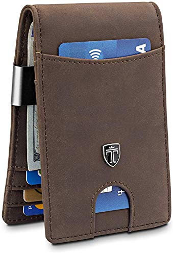 TRAVANDO Money Clip Wallet RIO - Mens Wallets slim Front Pocket RFID Blocking Card Holder Minimalist Mini Bifold Gift Box, Vintage Brown, S