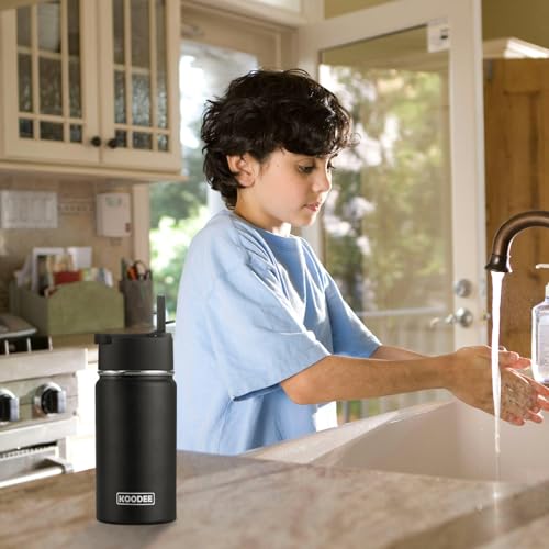 Image of koodee Water Bottle -12 oz Stainless Steel Double Wall Vacuum Insulated Water Bottle with Straw, Sports Metal Wide Mouth Water Bottle Flask for School (Black)