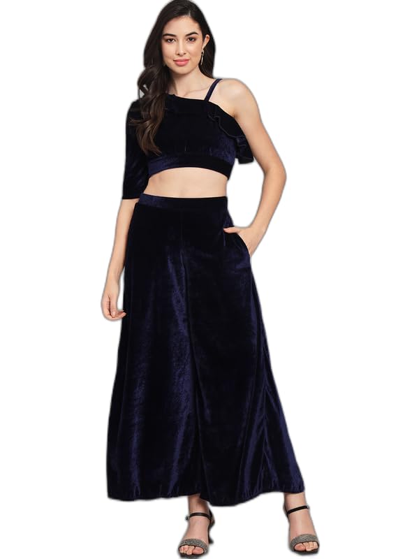 Image of Vaararo Velvet Co-Ords for Women | One Sleeve Crop Top with Palazzo Set Casual Party Dress