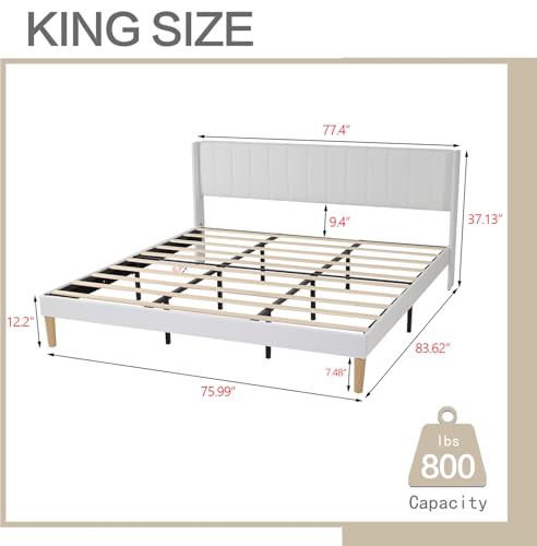 Image of AGARTT Upholstered Platform Bed Frame King Size, White Linen