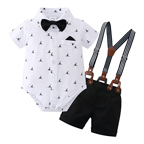 Image of YUEMION Infant Baby Boy Clothes Gentleman Outfits Suits Summer Short Sleeve Bowtie Bodysuit Shirts + Suspender Shorts(0-24M)
