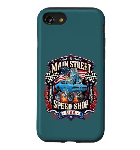 Main Street Speed Shop USA �z�b�g���b�h �}�b�X���J�[ �f�U�C�� �X�}�z�P�[�X iPhone SE (2020) / 7 / 8 �p