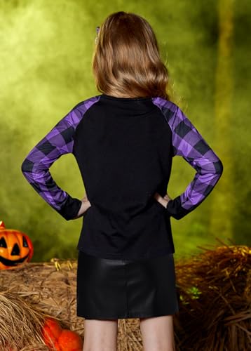 BesserBay Girls Halloween Funny Plaid Graphic Shirt Long Sleeve Spooky Patchwork Raglan Top 5-14 Years2