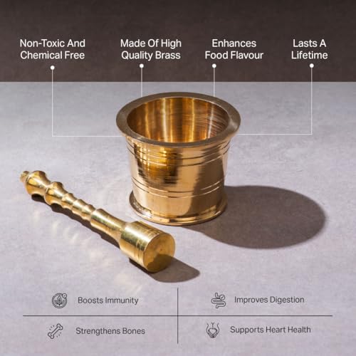 P-TAL Brass Mortar and Pestle Set 100% Pure Brass Okhli Imam Dasta for your Kitchen Spices Ptal Utensils
