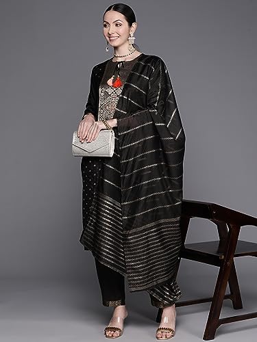 Image of INDO ERA Women's Silk Blend Embroidered Straight Kurta With Pant & Dupatta Set (KH9BK7270)