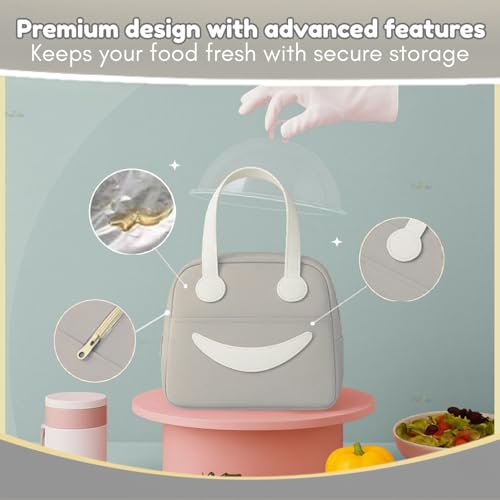 Image of Toy Imagine 6.5L Insulated Lunch Bag for Kids Office School Men Women Smiley Face Tiffin Bag Snack Tote Bag Compact Portable Leak Proof Tiffin Pouch Hot and Cold Lunch Box Bag for Boys and Girls(Grey)