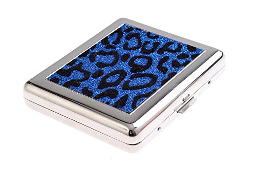 High-grade Stainless Steel Cigarette Case, with faux fur pattern, holds 18 cigarettes, colour: blue/black, Mod. 767-02 (US)