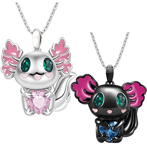 2pcs Axolotl Necklace simyron Charm Silver Mexican Axolotl Cute Sleep Salamander Necklace Heart Gemstone Charm Bead Sterling Charm Fit Necklace for Women Girls Wife Daughter