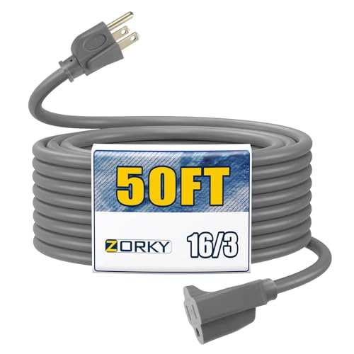 Image of 50ft Outdoor Extension Cord for Christmas Decorations- 16 /3 Heavy Duty SJTW Waterproof Gray Electrical Cable with 3 Prong Grounded Plug for Safety, Great for Lawn and Major Appliances