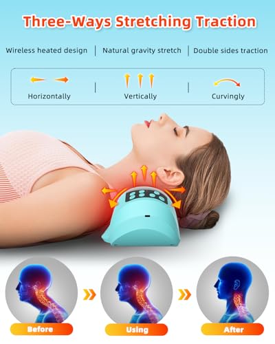 heated neck stretcher for pain relief cordless neck shoulder cervical traction device with 3 heating levels and pulse modes timmer for tmj pain relief muscle relax hump corrector