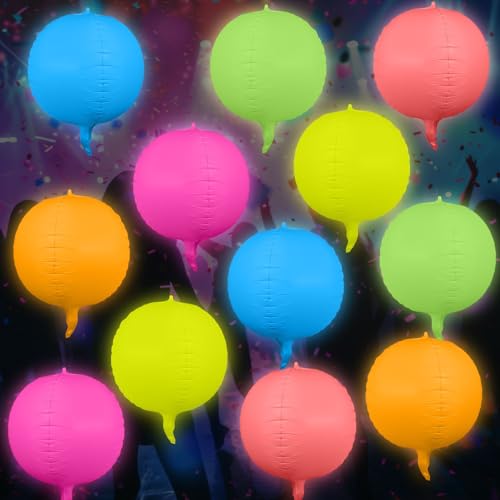 Vertintong 12 Pcs Round Glow in The Dark Neon Balloons Foil Birthday Party Decorations for Graduation Wedding Anniversary Back to 80s 90s Disco Hip Hop, Fiesta, Let's Glow Rock Roll Party Supplies