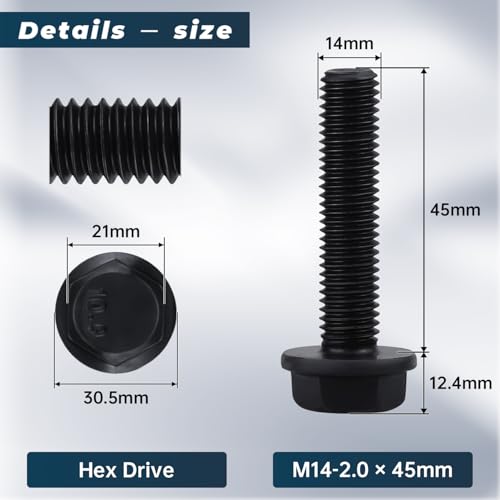 Image of M14-2.0 x 45mm Flange Bolt, Hex Head Flanged Bolt 10.9 Grade High Strength- Black Oxide Finish, Full Thread, Metric- Heavy Duty for Automotive, Machinery & Construction (6 Pcs) 6 pcs