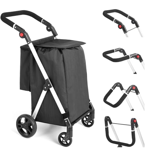 LEUYA ABC Carros de Compra, con Bolsillo para Congelados, 46L Carro de la Compra de 4 Ruedas, Carrito Compra Plegable de Aluminio (Negro)