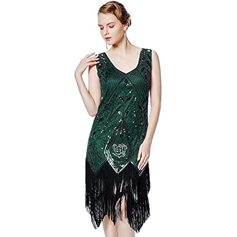 Metme Women's 1920s Flapper Dress Sequins Art Deco Fringed Sleeveless Gatsby Dress Green Cover