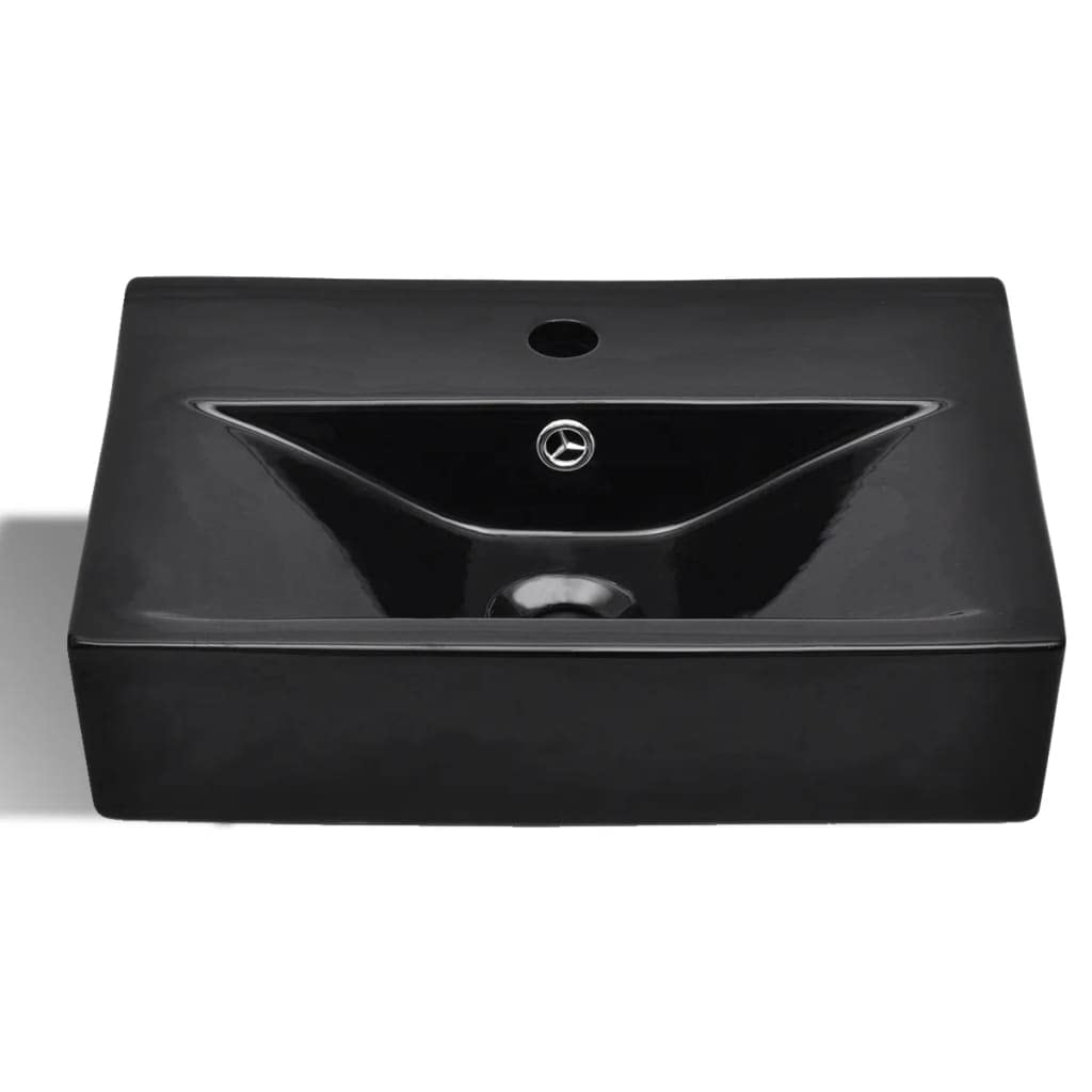 Lavabo de cerámica negro rectangular 465 x 320 x 115 mm con orificio para grifo rebosadero y orificio de desagüe para baño, lavabo, ahorro de espacio, equipamiento sanitario