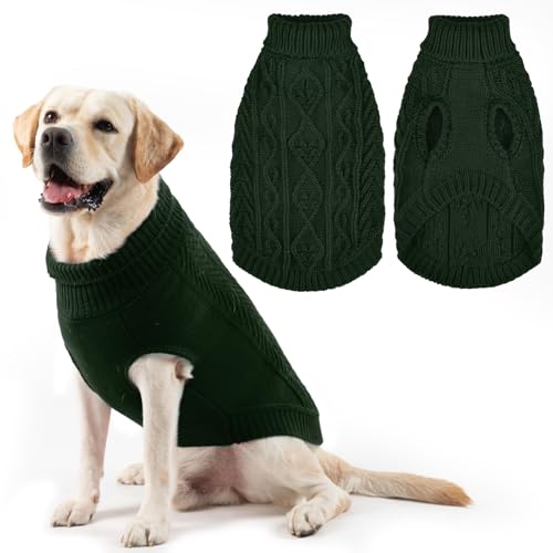 Image of PUPTECK Dog Sweater, Turtleneck Warm Knitted Pullover Coat, Thick Cable Knitwear Clothes in Winter, Pet Apparel Outfits for Large Dogs, for Cold Weather Indoor & Outdoor, Deep Green ML