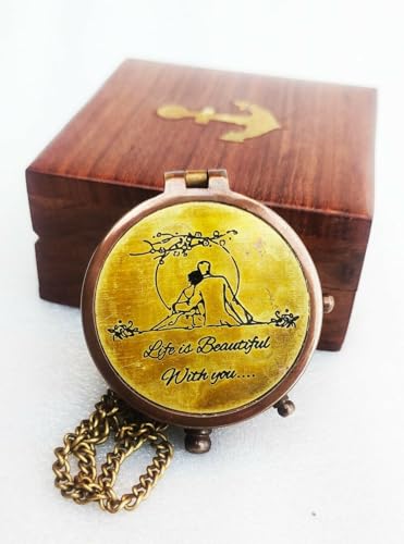 Brújula Vintage Personalizada Bronce con Caja de Madera, Frase 'La Vida es Bella', Regalo Romántico Grabado miniatura 1