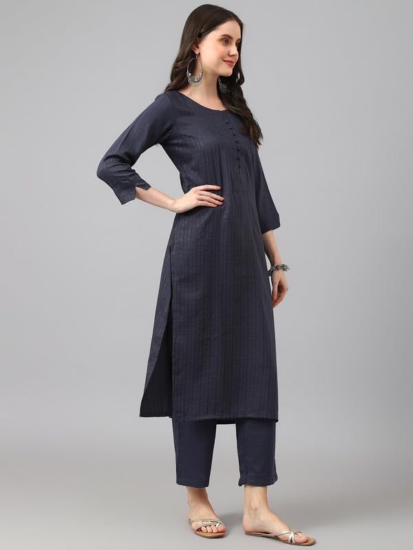 Image of Hritika Women's Viscose Kurti and Pant Set | Calf-Length Striped Kurta Set with Round Neck & 3 /4 Sleeves | Button Closure (HRKR2 HRKB0048DGRY XS)