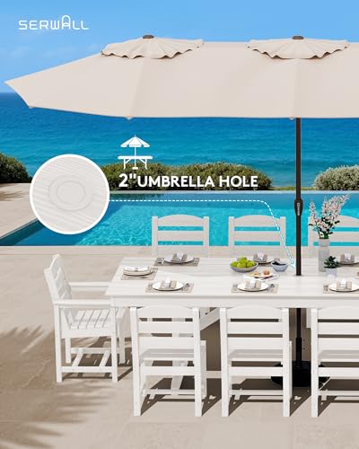 Image of SERWALL 10 Piece 84 inch HDPE Outdoor Dining Set for 8 with 15ft Double-Sided Umbrella, White