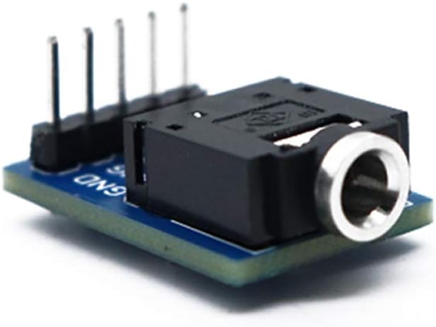 Close-up view of an assembled 3.5mm female audio jack breakout board with a 5-pin male header attached, showing the compact size.