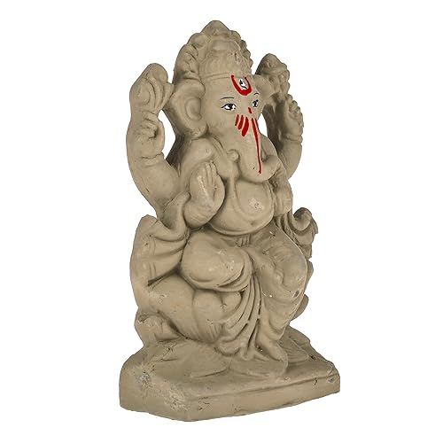 Image of SAUDEEP INDIA 6 Inch Mitti Ganesh Idol | Eco-Friendly Handcrafted Mud /Clay Ganesh Murti | Ganpati Figurine for Visarjan | Biodegradable Mushak Ganesha Statue | Ganesh Chaturth (Lotus Ganesh)