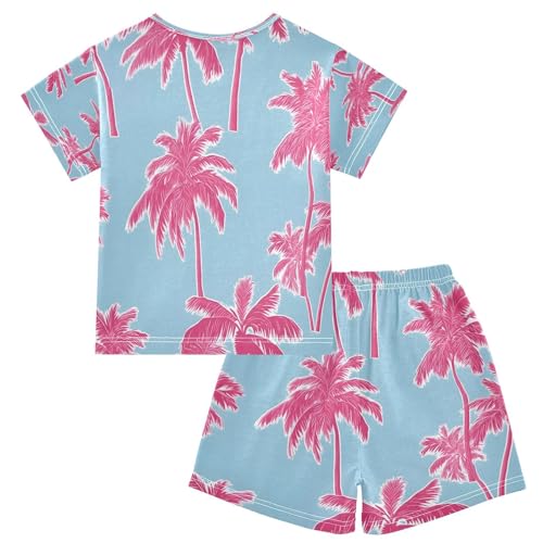 senya Short Sleeve Pajamas Sets Summer Cotton Sleepwear Pink Plam Tree Blue Background2